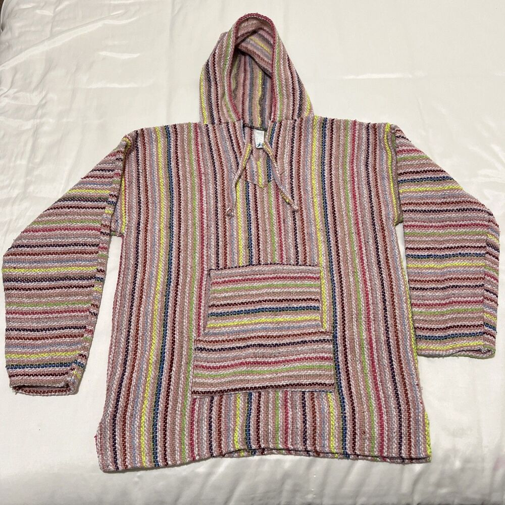 LA MALINCHE Colorful Rainbow WOVEN Drug Rug BAJA STRIPE Surfer MEXICAN HOODIE XL